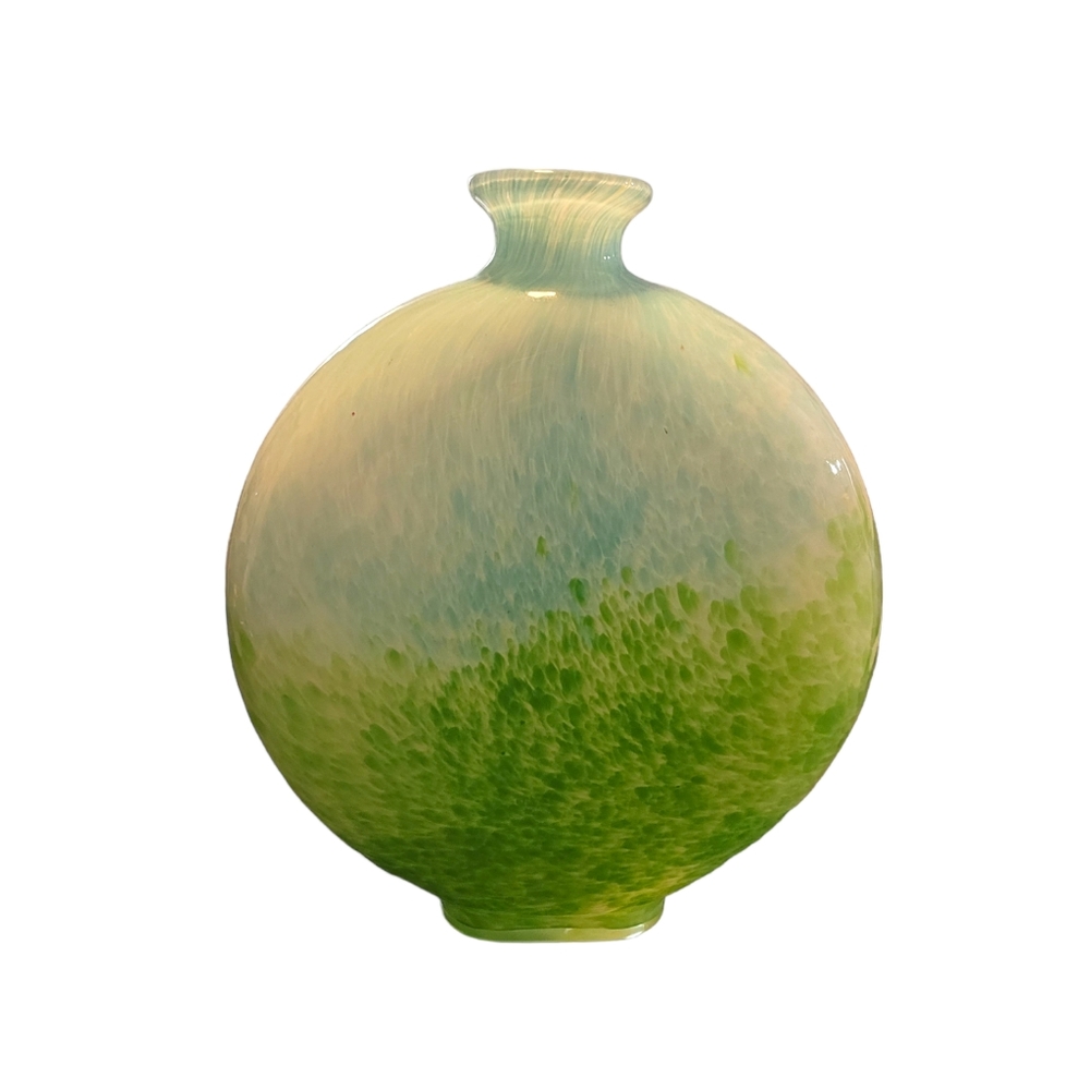 Studio / Italian Belgian Hand Blown Art Glass Vase round Earth Disc Blue & Green